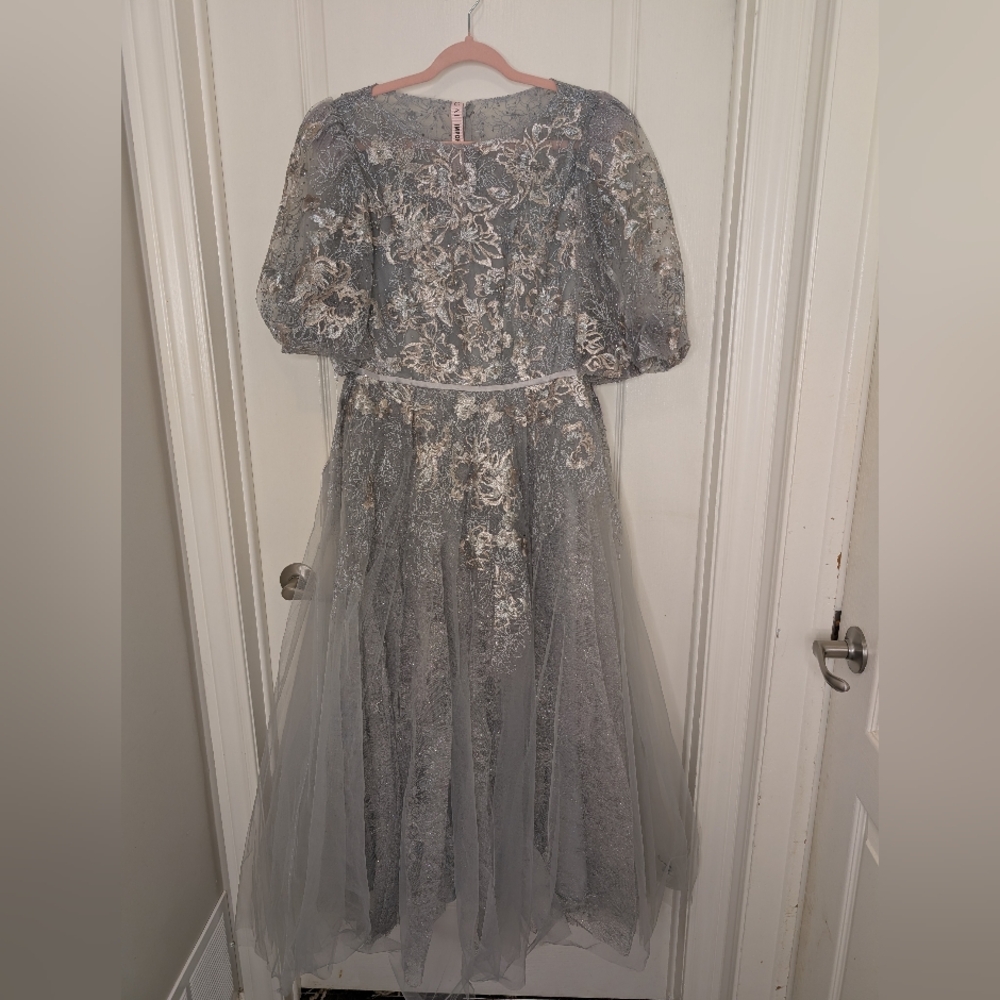 Mac Duggal Kids Dress in Soft Gray Floral Lace